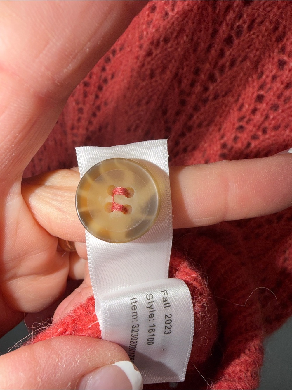 Marine Lauer Coral Red Open Knit V-Neck Sweater with Button Detail - Picture 7 of 11